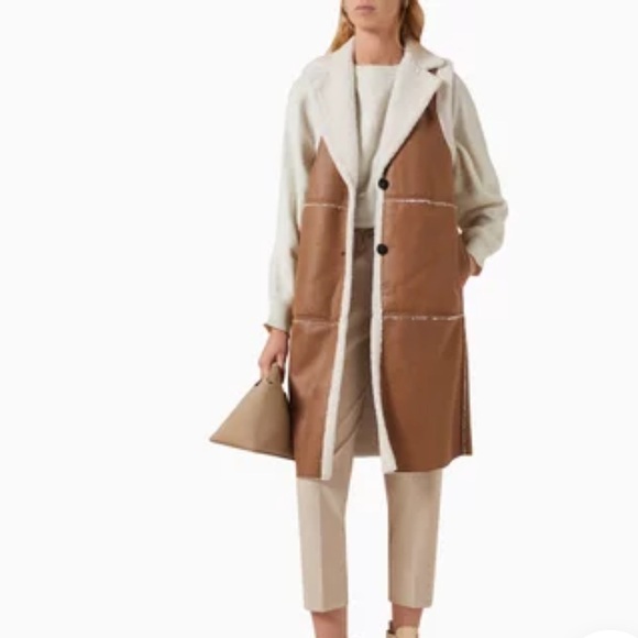 MARELLA Jackets & Blazers - MARELLA Faux Suede & Shearling Long Vest - Brown & Cream - Designer